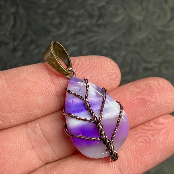 Purple Agate Copper Wire Wrapped Tree of Life Pendant Stone Crystal Jewelry - Picture 3 of 5